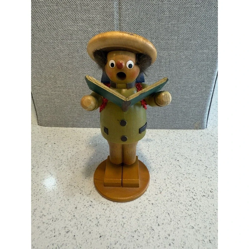 Vintage Steinbach German Wooden Smoker with Crank Music Box Christmas Caroler